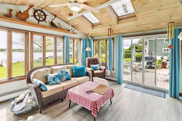 650 Pearse Rd, Swansea, MA 02777 - sunroom with wooden ceiling, a skylight, baseboard heating, lofted ceiling, and wood finished floors