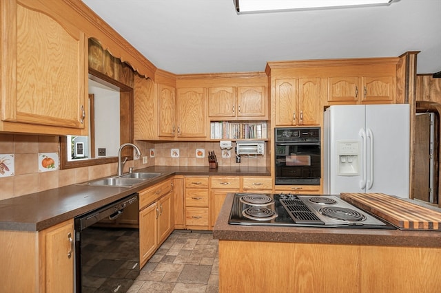 kitchen featuring decorative backsplash, black appliances, sink, and light brown cabinetry