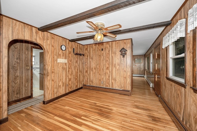 unfurnished room featuring beamed ceiling, light hardwood / wood-style flooring, a baseboard heating unit, and wood walls