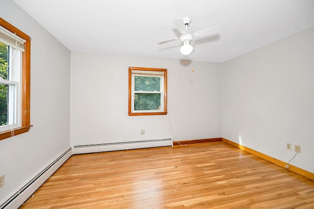 empty room with baseboard heating, light hardwood / wood-style floors, and ceiling fan