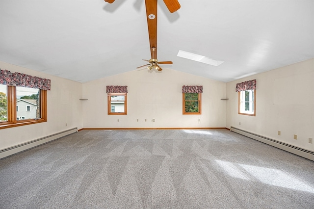 unfurnished room featuring vaulted ceiling with skylight, a baseboard heating unit, a healthy amount of sunlight, and ceiling fan