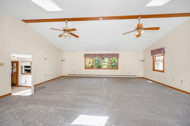 unfurnished living room featuring light carpet, a baseboard radiator, high vaulted ceiling, beamed ceiling, and a skylight