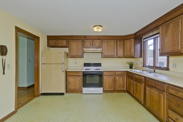 51 Hardy St, Springfield, MA 01129 - kitchen with freestanding refrigerator, electric range oven, under cabinet range hood, a sink, and brown cabinets