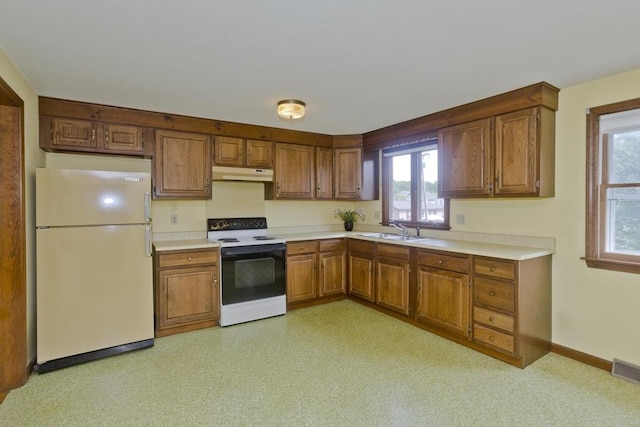 51 Hardy St, Springfield, MA 01129 - kitchen with freestanding refrigerator, electric range oven, under cabinet range hood, a sink, and light countertops
