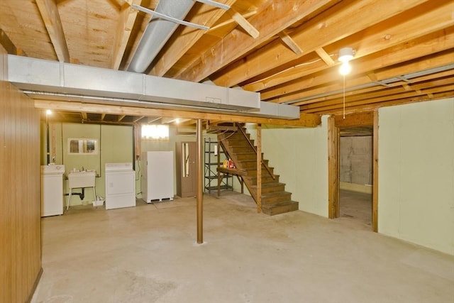 51 Hardy St, Springfield, MA 01129 - unfinished basement featuring washer / dryer, a sink, stairs, and freestanding refrigerator