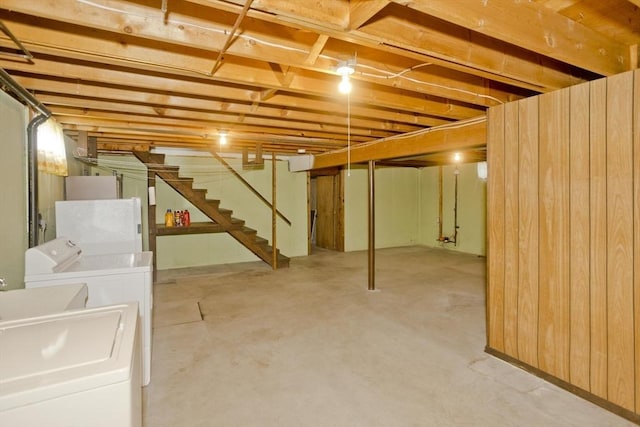 51 Hardy St, Springfield, MA 01129 - unfinished basement with washing machine and clothes dryer, stairway, and fridge
