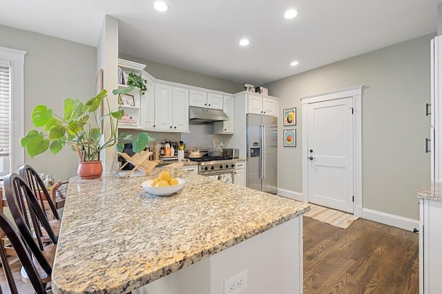kitchen featuring appliances with stainless steel finishes, under cabinet range hood, a peninsula, recessed lighting, and dark wood-style floors