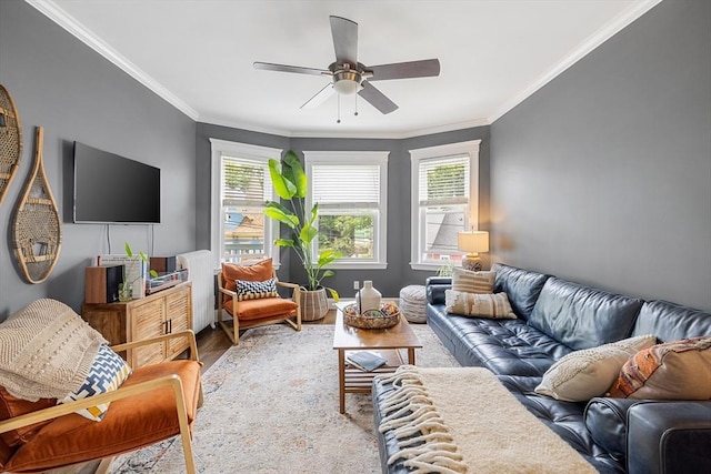 living area featuring ceiling fan, wood finished floors, healthy amount of natural light, and crown molding