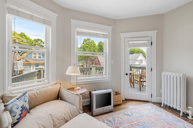 living room with radiator heating unit, wood finished floors, and baseboards