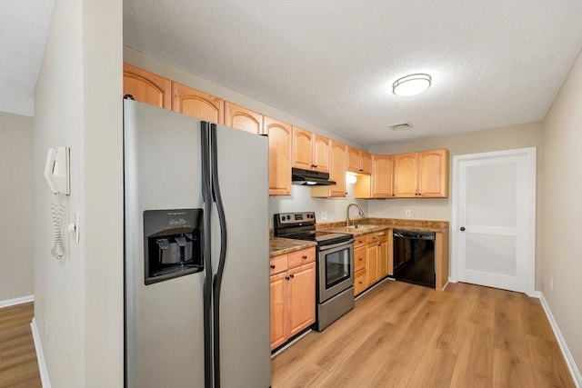 kitchen with stainless steel appliances, a sink, under cabinet range hood, and light brown cabinetry