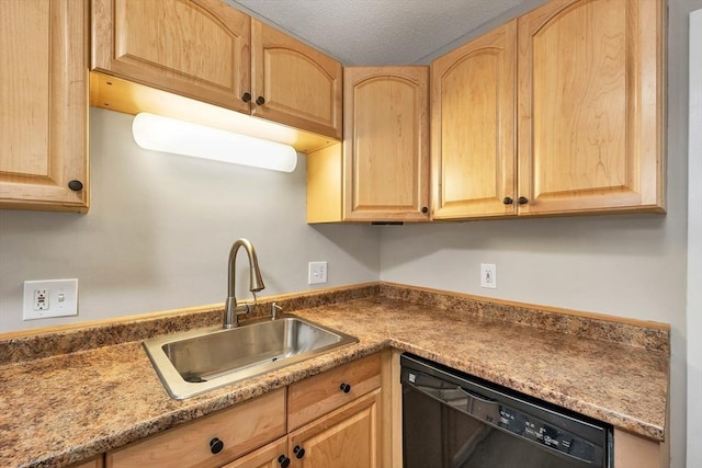 kitchen with dishwasher, a textured ceiling, a sink, and light brown cabinetry