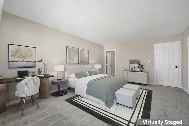 bedroom with baseboards, a textured ceiling, and light colored carpet