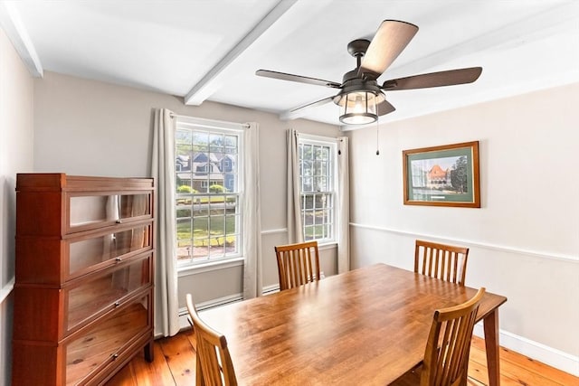 16 Summer St, Easton, MA 02356 - dining room featuring light wood-type flooring, ceiling fan, baseboards, and beam ceiling