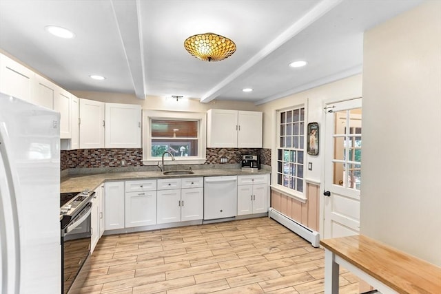 16 Summer St, Easton, MA 02356 - kitchen with white appliances, baseboard heating, a sink, beam ceiling, and tasteful backsplash