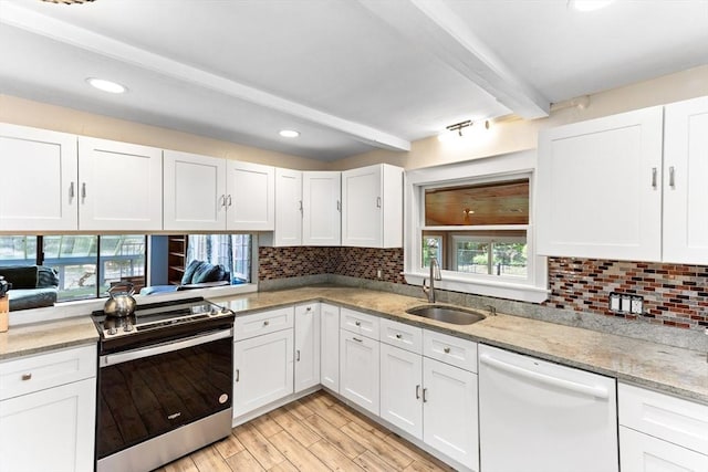 16 Summer St, Easton, MA 02356 - kitchen featuring dishwasher, stainless steel electric range, a sink, beamed ceiling, and white cabinetry