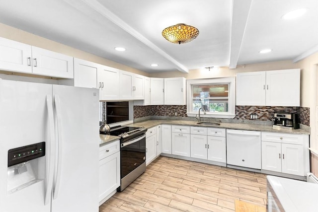 16 Summer St, Easton, MA 02356 - kitchen with white appliances, a sink, beam ceiling, decorative backsplash, and white cabinetry