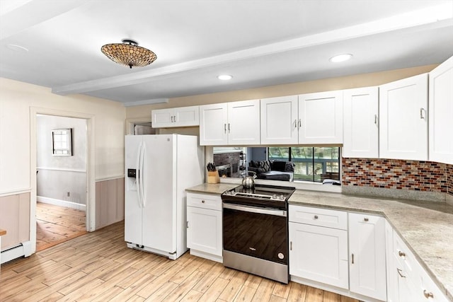 16 Summer St, Easton, MA 02356 - kitchen with white fridge with ice dispenser, stainless steel electric range, beamed ceiling, white cabinets, and tasteful backsplash