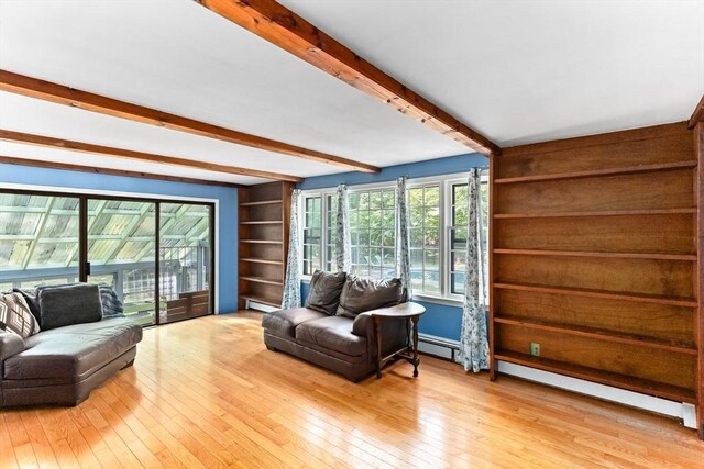 16 Summer St, Easton, MA 02356 - living room featuring beam ceiling, wood-type flooring, and baseboard heating