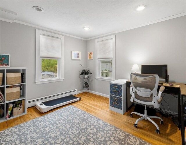 71 Dudley St, Marlborough, MA 01752 - office area with hardwood / wood-style flooring, a baseboard radiator, ornamental molding, baseboards, and recessed lighting