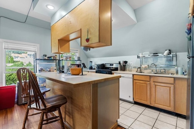 kitchen featuring a sink, stainless steel range oven, a kitchen breakfast bar, light countertops, and dishwasher