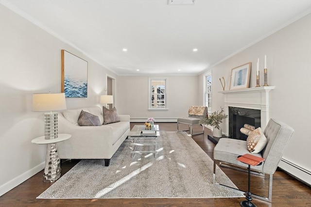 living room with ornamental molding, dark hardwood / wood-style floors, a fireplace, and a baseboard heating unit