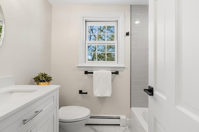 full bathroom with toilet, shower / bath combination, a baseboard radiator, and vanity