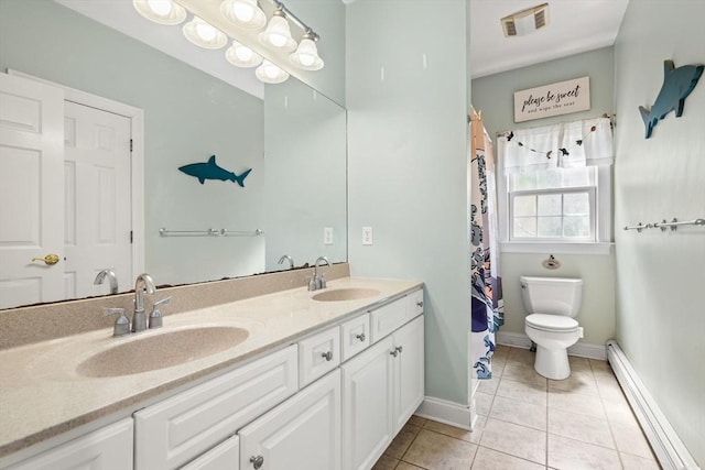 full bath featuring a sink, tile patterned floors, a baseboard radiator, and visible vents
