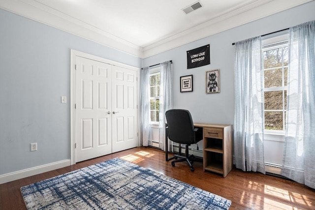 home office with crown molding, visible vents, wood finished floors, and a baseboard radiator
