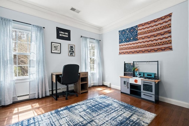 home office with baseboards, ornamental molding, and wood finished floors