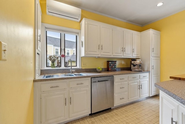 102 Chestnut St, Andover, MA 01810 - kitchen featuring dishwasher, a sink, an AC wall unit, white cabinets, and ornamental molding