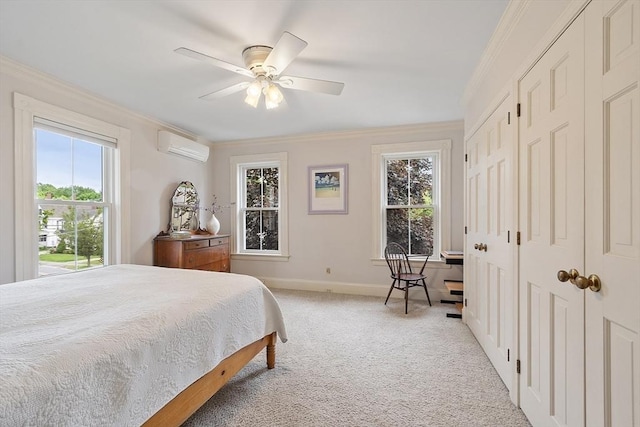 102 Chestnut St, Andover, MA 01810 - bedroom with crown molding, light colored carpet, an AC wall unit, baseboards, and ceiling fan