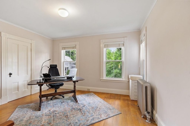 102 Chestnut St, Andover, MA 01810 - office area with radiator, light wood finished floors, ornamental molding, and baseboards
