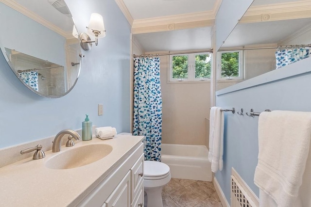 102 Chestnut St, Andover, MA 01810 - full bathroom featuring vanity, shower / bath combo with shower curtain, toilet, ornamental molding, and tile patterned floors