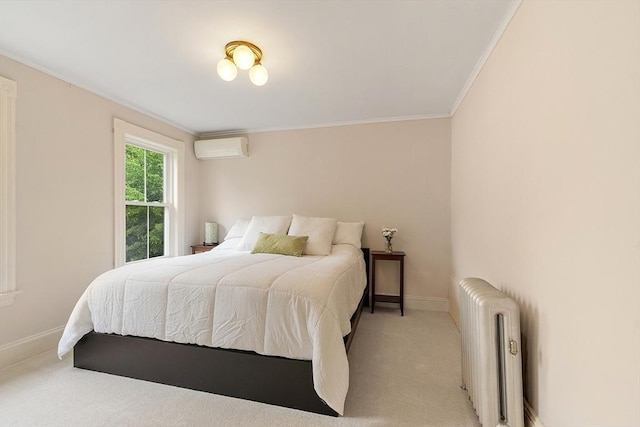 102 Chestnut St, Andover, MA 01810 - bedroom with radiator, a wall mounted AC, crown molding, carpet flooring, and baseboards