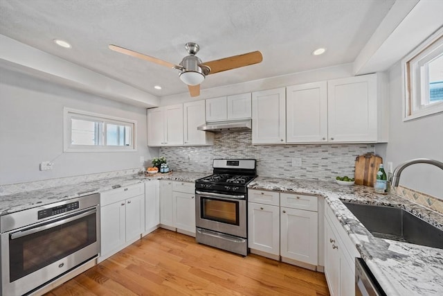 kitchen featuring under cabinet range hood, plenty of natural light, appliances with stainless steel finishes, and a sink