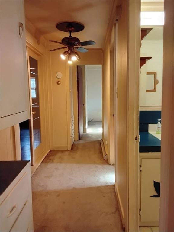 hallway featuring light colored carpet