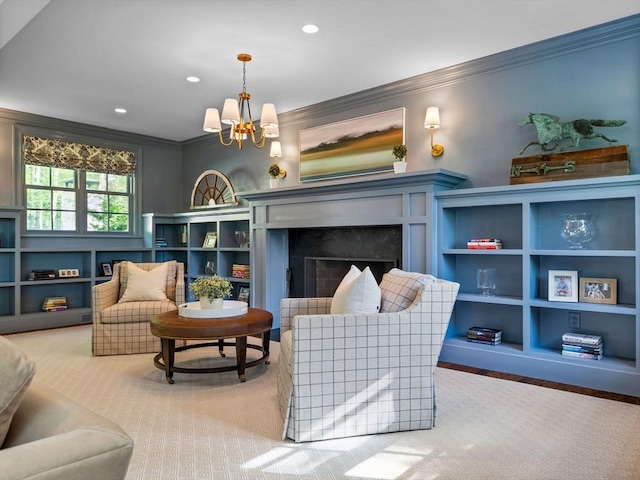 50 Temple Rd, Wellesley, MA 02482 - sitting room featuring ornamental molding, a chandelier, recessed lighting, a premium fireplace, and built in features