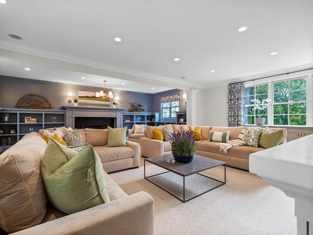 50 Temple Rd, Wellesley, MA 02482 - living area with ornate columns, crown molding, recessed lighting, and a fireplace
