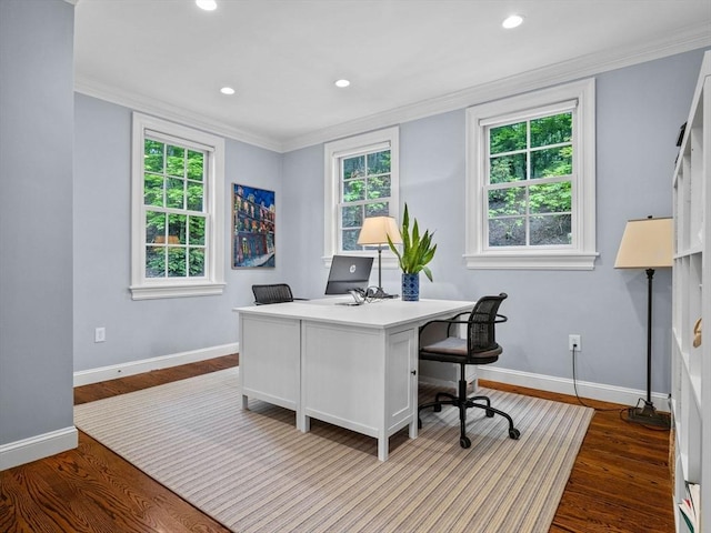 50 Temple Rd, Wellesley, MA 02482 - office featuring dark wood-type flooring, baseboards, ornamental molding, and recessed lighting