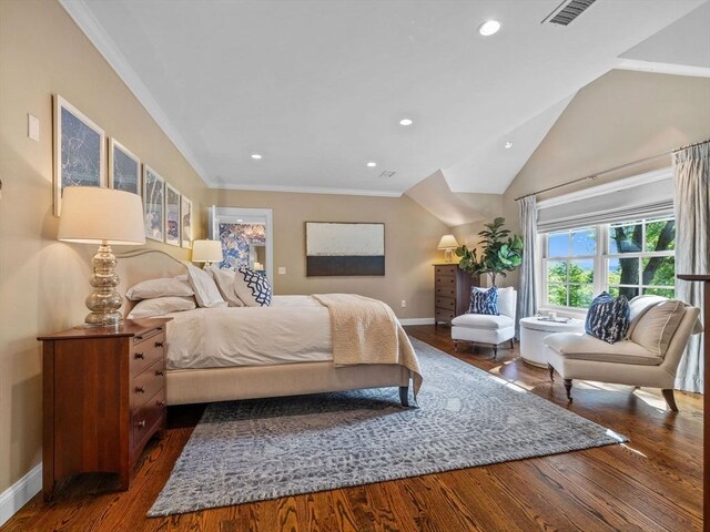 50 Temple Rd, Wellesley, MA 02482 - bedroom featuring baseboards, wood finished floors, crown molding, recessed lighting, and lofted ceiling
