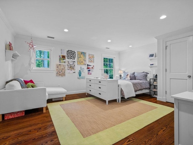 50 Temple Rd, Wellesley, MA 02482 - bedroom with crown molding, dark wood-type flooring, recessed lighting, and baseboards