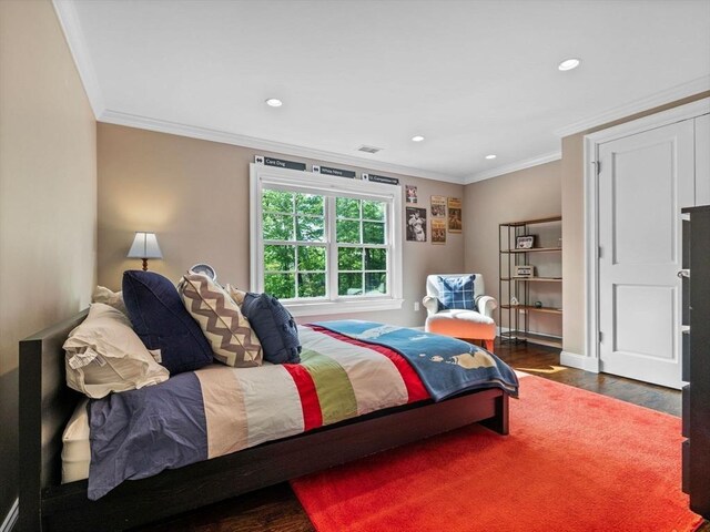 50 Temple Rd, Wellesley, MA 02482 - bedroom with ornamental molding, wood finished floors, and recessed lighting