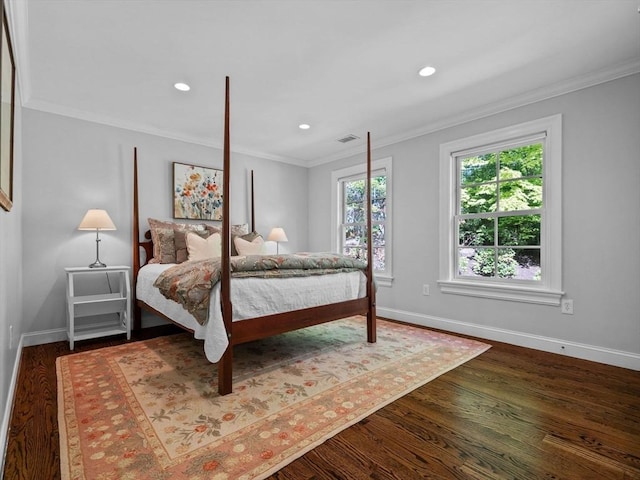 50 Temple Rd, Wellesley, MA 02482 - bedroom featuring baseboards, dark wood-style flooring, ornamental molding, and recessed lighting