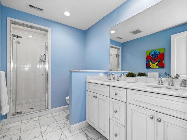 50 Temple Rd, Wellesley, MA 02482 - full bathroom featuring marble finish floors, a shower stall, baseboards, toilet, and double vanity