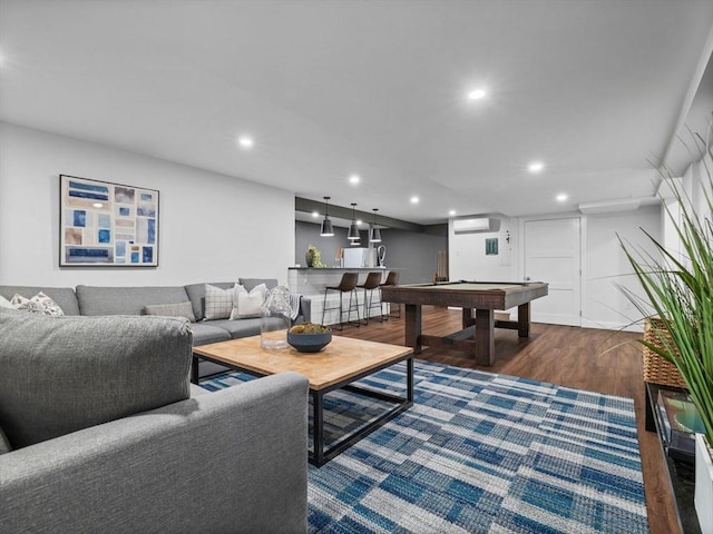 50 Temple Rd, Wellesley, MA 02482 - living room featuring wood finished floors, a wall mounted AC, recessed lighting, and pool table