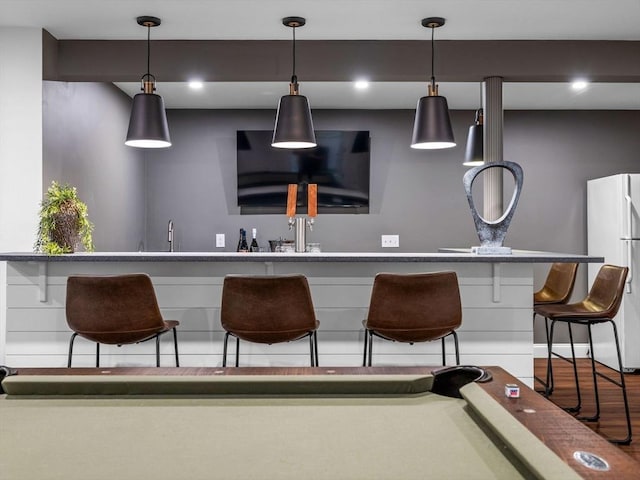 50 Temple Rd, Wellesley, MA 02482 - indoor wet bar featuring freestanding refrigerator, hanging light fixtures, wood finished floors, pool table, and recessed lighting