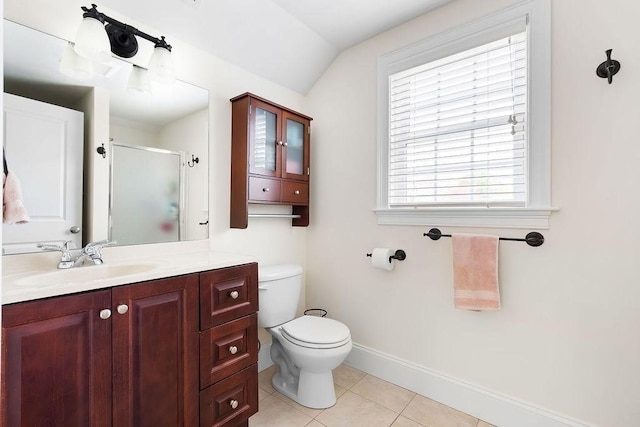 full bath with vanity, toilet, tile patterned floors, baseboards, and a stall shower