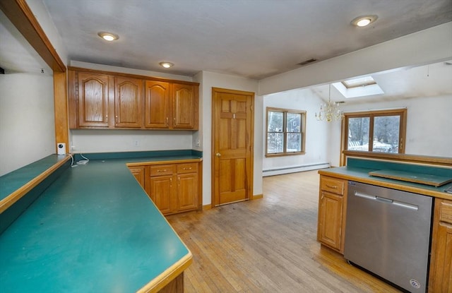 kitchen featuring a baseboard radiator, a skylight, stainless steel dishwasher, light wood finished floors, and brown cabinetry