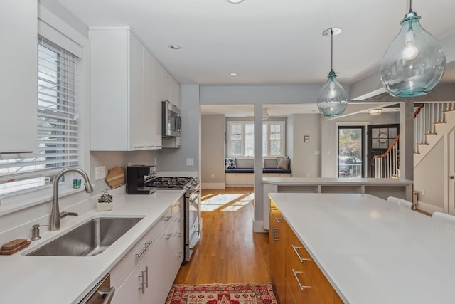 kitchen with stainless steel appliances, white cabinetry, plenty of natural light, and sink