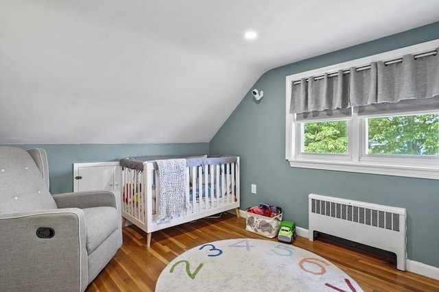 101 Eastern Ave, Woburn, MA 01801 - bedroom with radiator, lofted ceiling, and wood finished floors